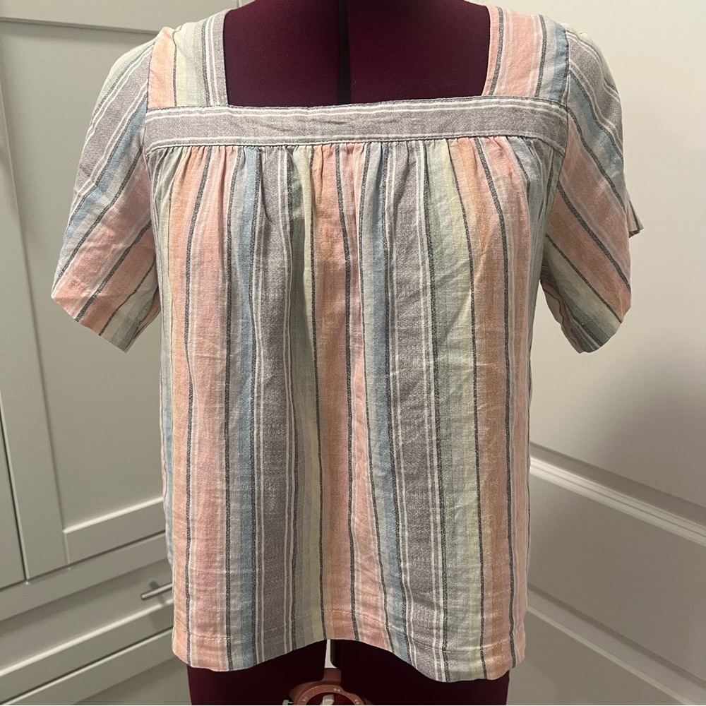 NY APPEAL Linen Rayon Blend Women's Pastel Striped Square Neckline Blouse Sz Med